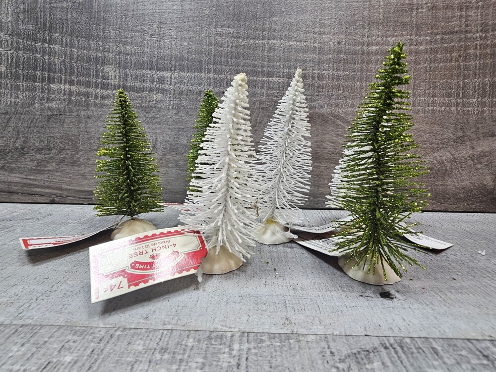 Christmas Village Trees Lot Of 6 Brush Flocked Various Diorama White Green 4-6"